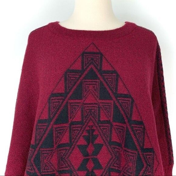 Twiggy London Art to Wear Thick Knit Boho Aztec Pattern Fringe Poncho Sweater - Picture 2 of 7